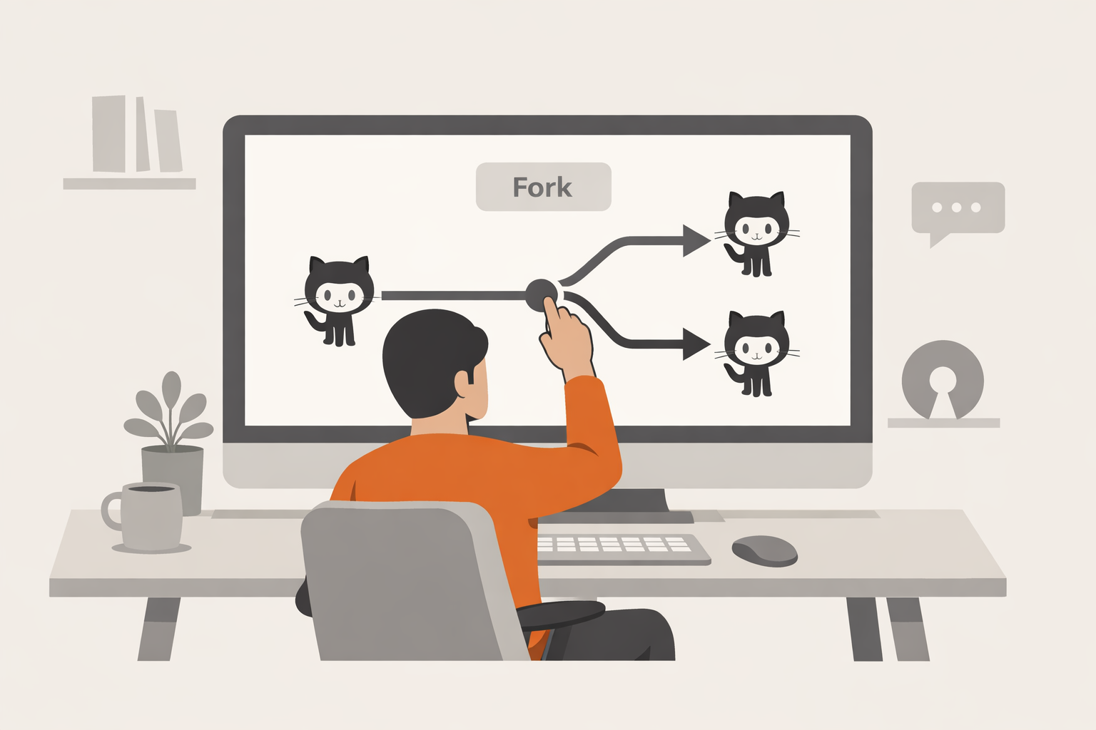 Minimalist editorial illustration of a developer forking a repository on
GitHub, with a clear upstream-to-fork branching diagram on a large screen
in a calm modern workspace. Neutral tones with a single blue accent, clean
shapes, and no text.
