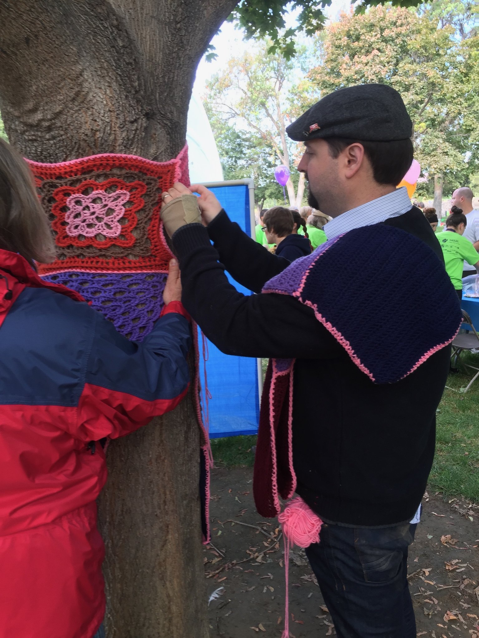 Yarn bombing — a tree or public object wrapped in colorful knitted and crocheted pieces as guerrilla street art.