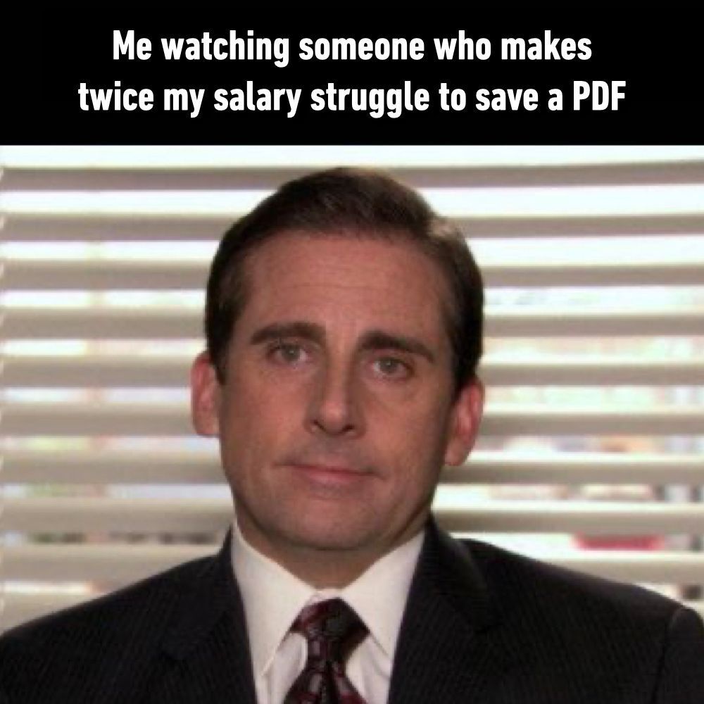 Meme of Michael Scott from The Office with a knowing expression, captioned: Me watching someone who makes twice my salary struggle to save a PDF.