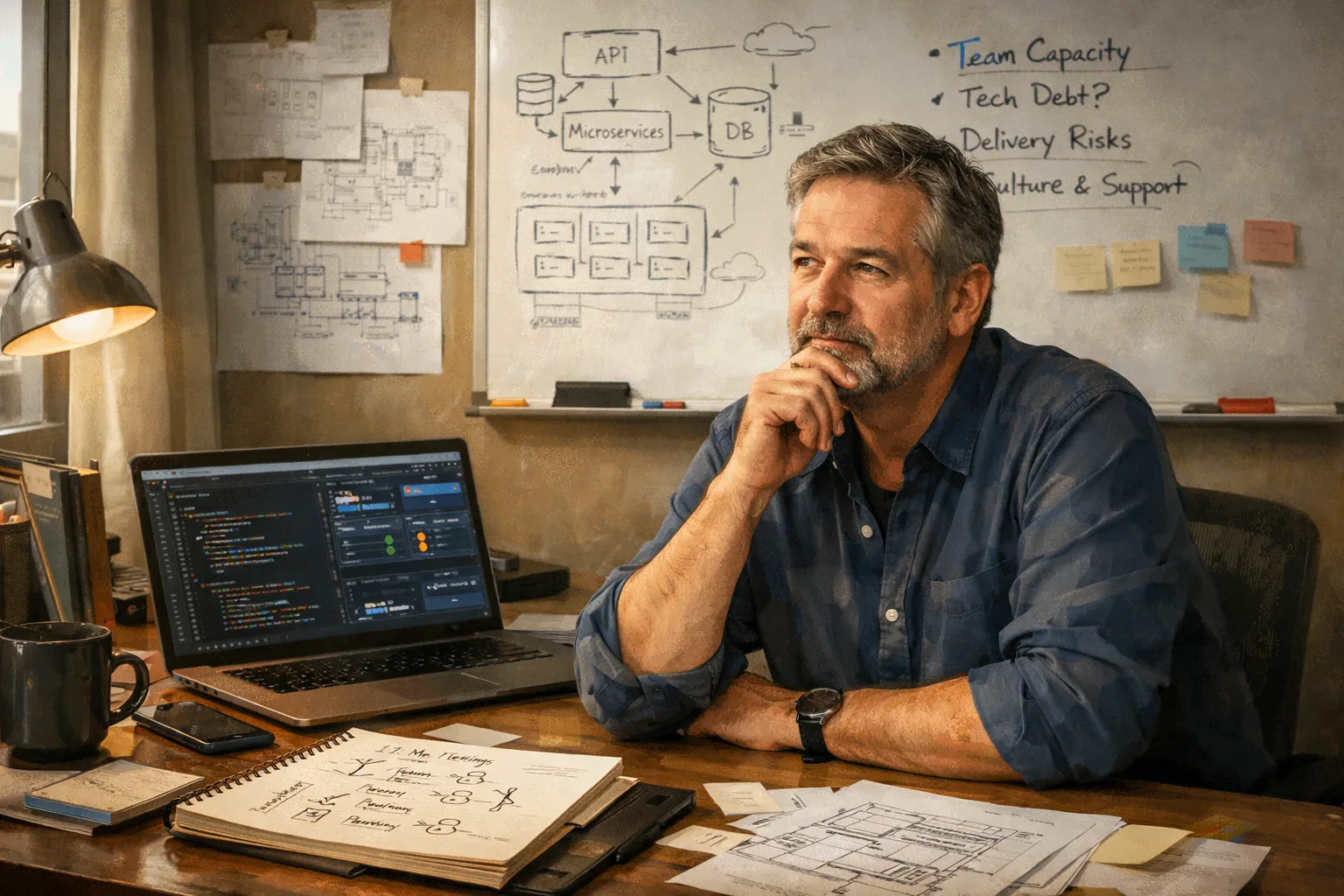 A thoughtful technology leader at a desk with code on a laptop, system diagrams on a whiteboard, and notes spread across the workspace, emphasizing reflective technical judgment rather than performative busyness.