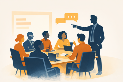 Minimalist illustration of a diverse group of professionals seated around a conference table, collaborating in discussion, while one person stands and gestures forward confidently. The scene uses deep blues, warm oranges, and gold accents, conveying teamwork and decisive leadership in an optimistic, modern setting.